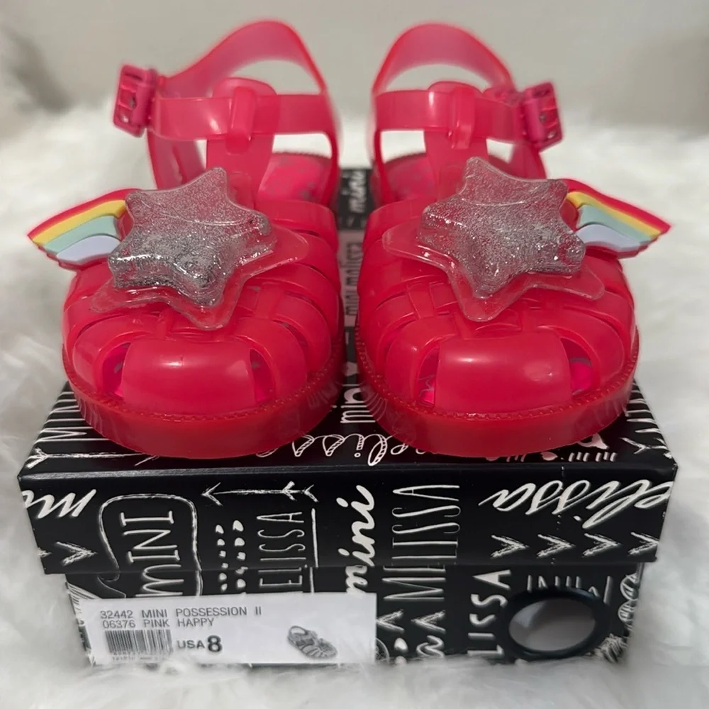 New! Mini Melissa Possession II Pink Happy Rainbow Shooting Star Sandals‎ sz 8